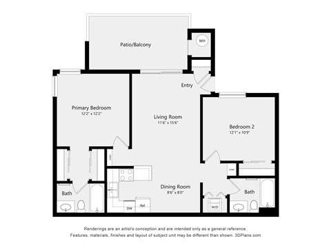 A floor plan of a house with a living room, dining room, bathroom, and two bedrooms.
